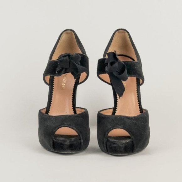 Emporio Armani Velvet Peep Toe Mary Jane Pumps - Picture 2 of 7